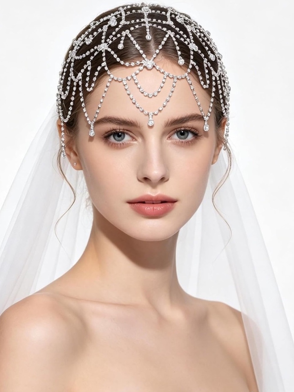 Silver Crystal Rhinestone Bridal Headpiece Draped Wedding Hair Jewelry